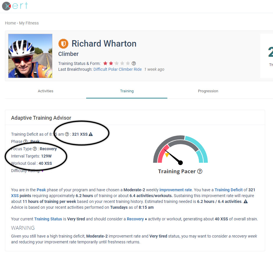 Xert ATA and Training Pacer post- Freshness Feedback Slide.