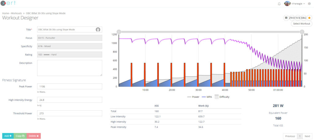 Xert OBC Billat 30-30s Using Slope Mode Blowing Up a Workout