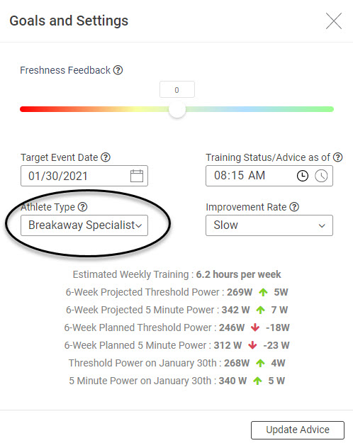 Xert Goals and Settings Athlete Type