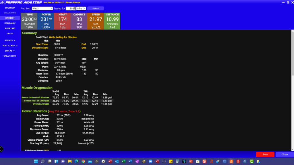 PerfPro Analyzer Shows average power and Smo2 for my base ride. 30 Minute Wattage PerfPro Analyzer