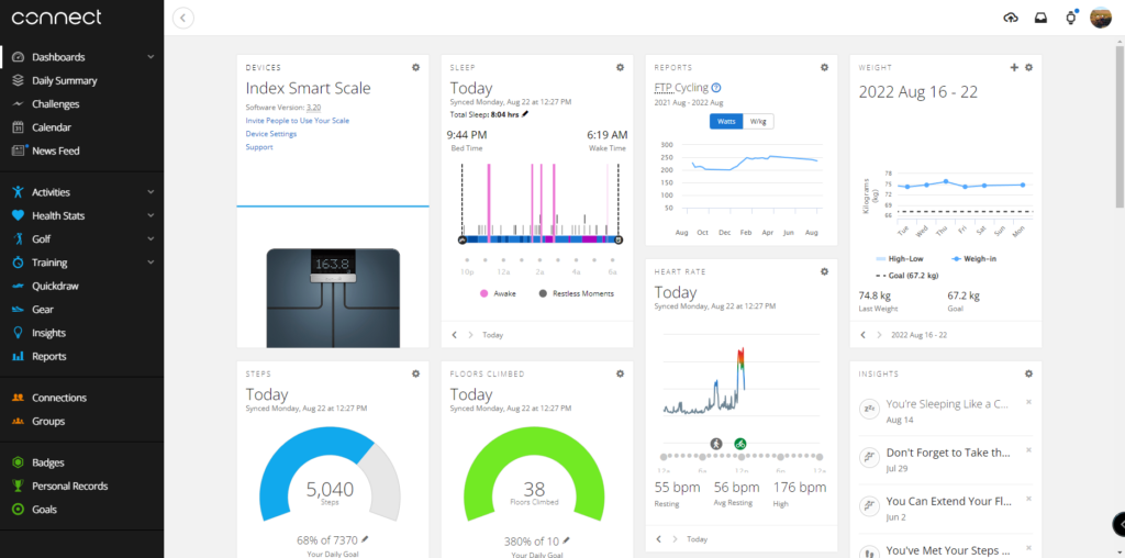 Garmin Connect Dashboard Page - Hard to find EPOC in here...