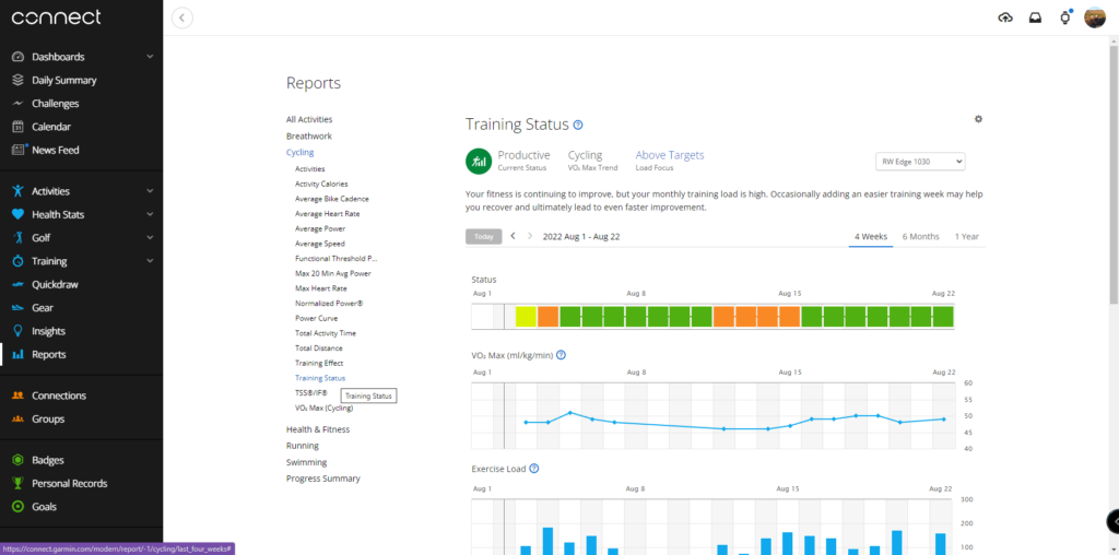 Garmin Reports Training Status Page
