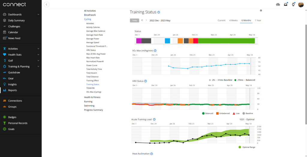 6 Month Garmin Connect Training Status Report Including HRV Status