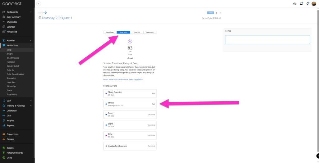 Garmin Connect Sleep Score and Stress Submenus