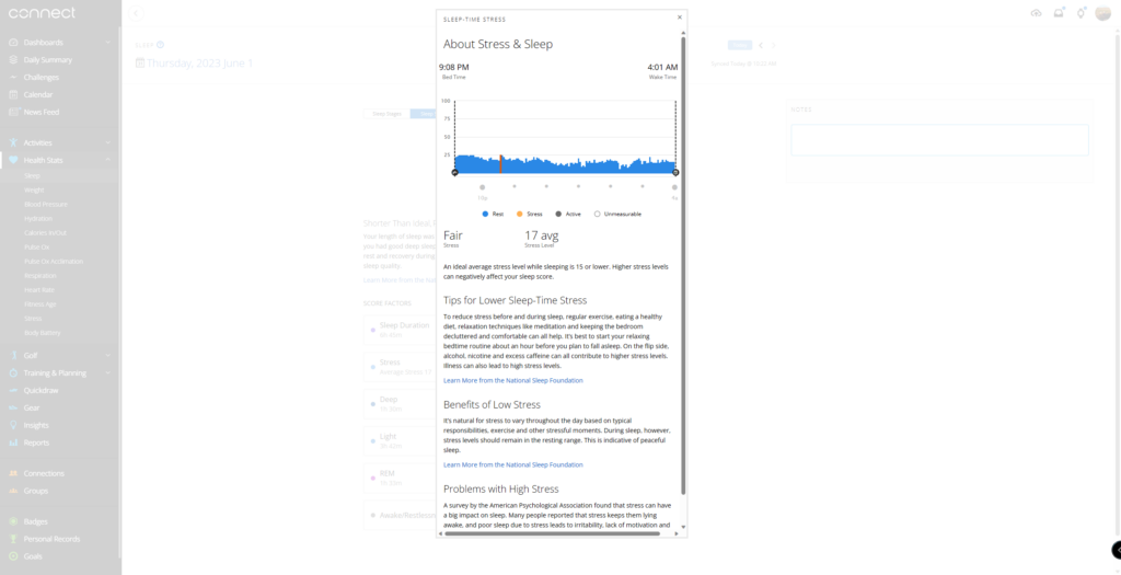 Garmin Connect Sleep-Time Stress Graph and Tips