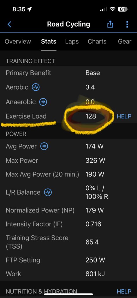 Garmin Connect Exercise Load EPOC on Mobile App