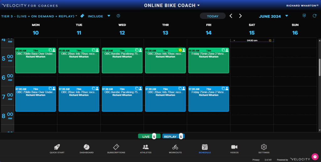 Online Bike Coach VQ Velocity Calendar June 2024