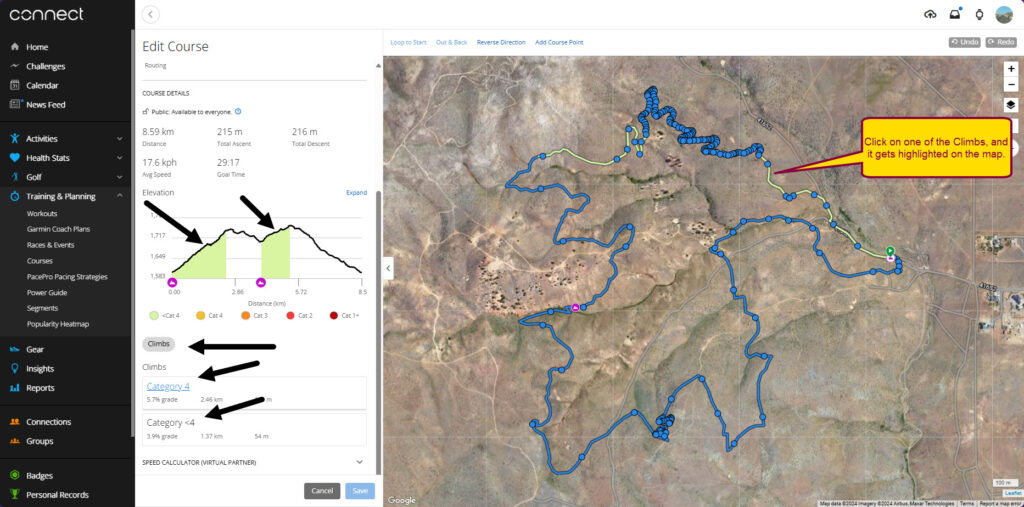 Garmin Connect Course Creator Climb Category and Highlight