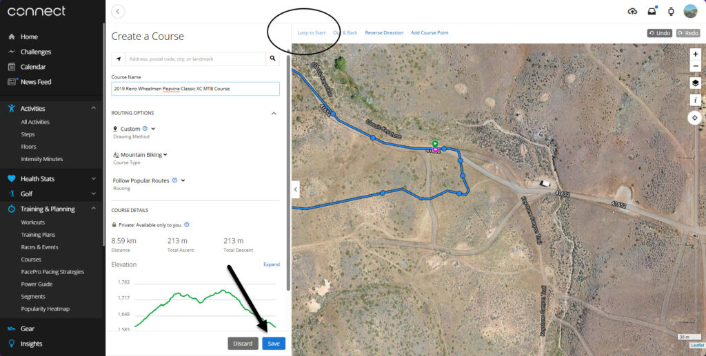 Garmin Course Creator Loop to Start and Save